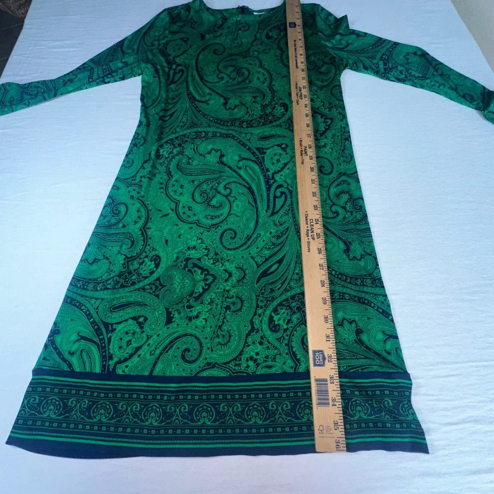 Michael Kors Jersey Shift Dress Green & Paisley Pattern Long Sleeve Sheath Med